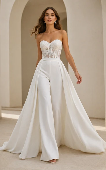 Strapless Sweetheart Lace Corset Jumpsuit with Dramatic Satin Overskirt