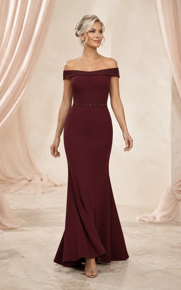 Burgundy Off-the-Shoulder Sheath Mother of the Bride Dress with Beaded Belt