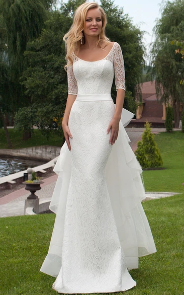 Sheath Scoop Neck Bowed Half Sleeve Lace Modest Wedding Dress