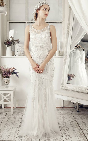 Sheath Sleeveless V-Neck Tulle Wedding Dress With Beading