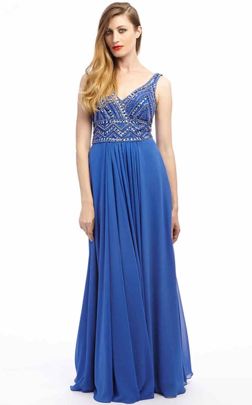 A-Line Sleeveless Beaded Maxi V-Neck Chiffon Prom Dress With Pleats
