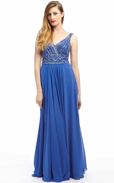 A-Line Sleeveless Beaded Maxi V-Neck Chiffon Prom Dress With Pleats