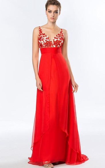 A-Line V-Neck Crystal Beadings Prom Dress