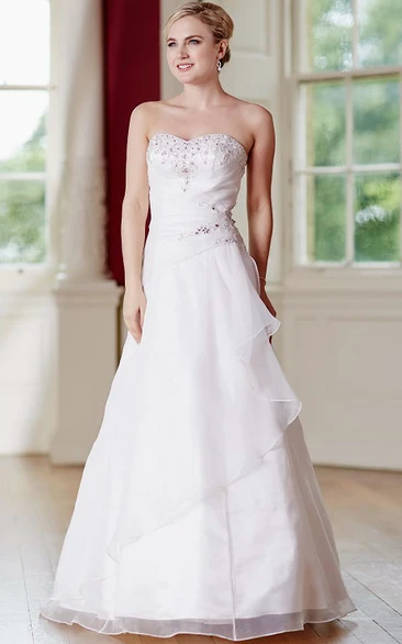 A-Line Long Sweetheart Sleeveless Beaded Organza Wedding Dress With Draping
