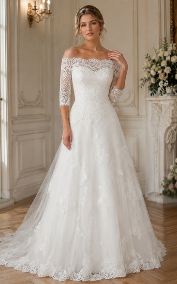 A-Line 3-4-Sleeve Off-The-Shoulder Lace&Tulle Wedding Dress With Illusion