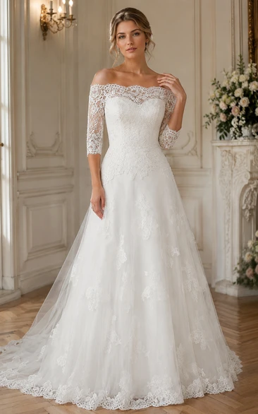 A-Linien-Brautkleid mit 3-4 Ärmeln, schulterfreiem Ausschnitt, Spitze und Tüll mit Illusionseffekt
