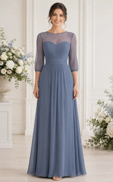 Steel Blue Illusion Sleeve Chiffon A-Line Bridesmaid Dress