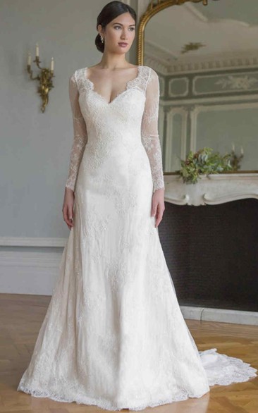 A-Line V-Neck Floor-Length Long-Sleeve Lace Wedding Dress With Illusion
