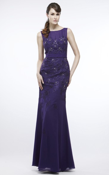 Sheath Scoop-Neck Sleeveless Appliqued Floor-Length Chiffon Prom Dress With Beading