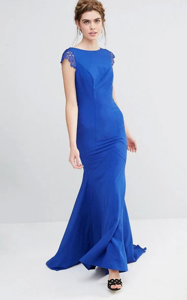 Sheath Ankle-Length Scoop Neck Appliqued Short Sleeve Chiffon Bridesmaid Dress