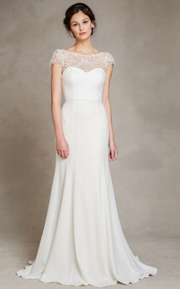 Sheath Scoop-Neck Floor-Length Cap-Sleeve Satin Wedding Dress