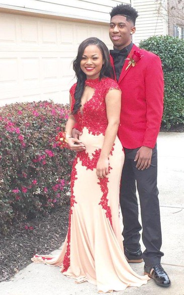 Elegant Cap Sleeves Red Lace Prom Dresses Long Mermaid Party Gowns