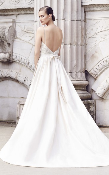 Lace Bodice A-line Dress With Spaghette Straps And Sash