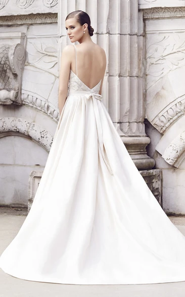 Lace Bodice A-line Dress With Spaghette Straps And Sash