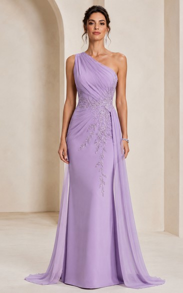 Sheath Lace Evening Dress with One-Shoulder, Sleeveless and Appliques Drape, Floor Length
