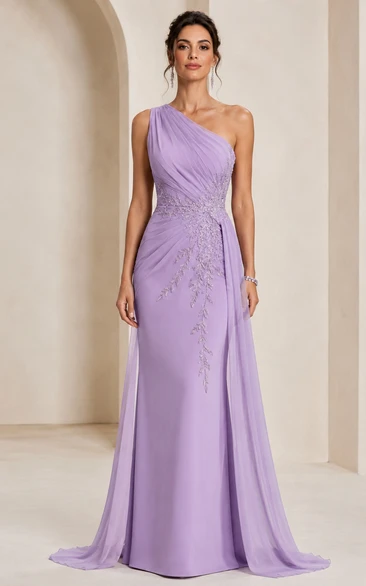 Sheath Lace Evening Dress with One-Shoulder, Sleeveless and Appliques Drape, Floor Length