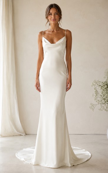 Cowl Neck Satin Sheath Wedding Dress with Spaghetti Straps and Sweep Train