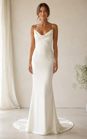Cowl Neck Satin Sheath Wedding Dress with Spaghetti Straps and Sweep Train