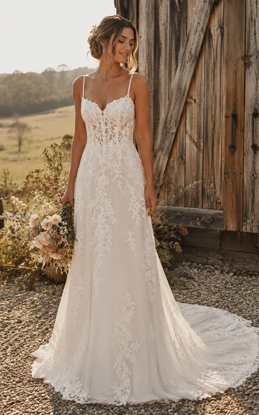 Boho Simple Lace Wedding Dress with Spaghetti Straps, Fitted Bodice & Soft Sheath Train