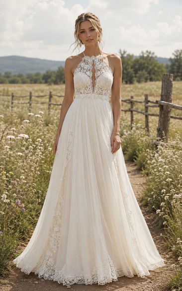 Halter A-Line Country Wedding Dress with Lace Illusion Bodice and Tulle Skirt