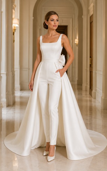 Square Neck Wedding Jumpsuit with Satin Overskirt Train