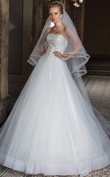 Floor-Length Strapless Beaded Tulle Wedding Dress With Pleats
