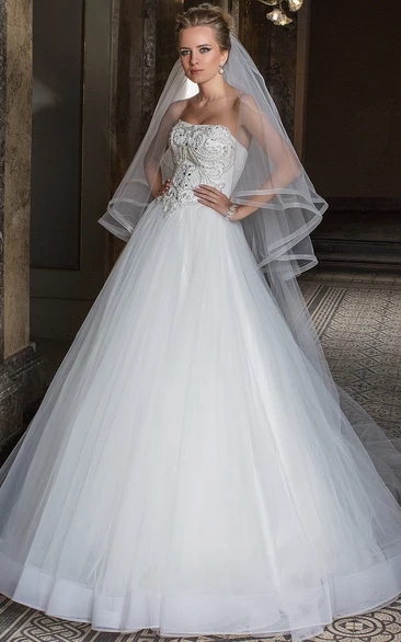Floor-Length Strapless Beaded Tulle Wedding Dress With Pleats