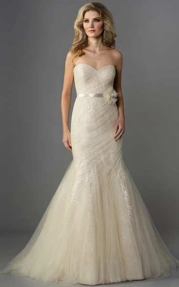 Sweetheart Mermaid Tulle Gown With Floral Waist And Bow Sash