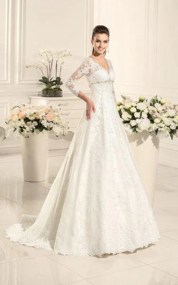 A-Line Sweetheart Long Sleeve Lace Satin Weddig Bride Dress