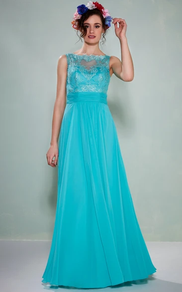 Bateau Neck Appliqued Sleeveless Chiffon Bridesmaid Dress With Illusion Back