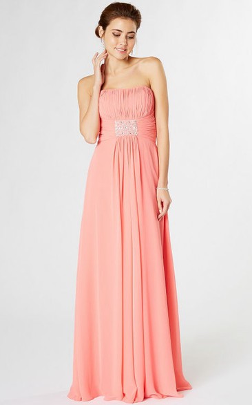 Strapless Maxi Ruched Chiffon Bridesmaid Dress With Waist Jewellery And Corset Back