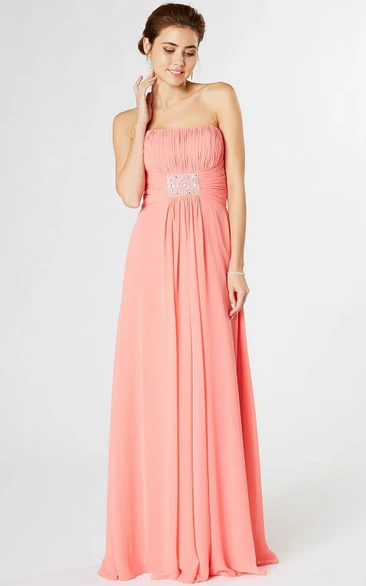 Strapless Maxi Ruched Chiffon Bridesmaid Dress With Waist Jewellery And Corset Back