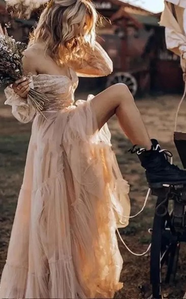Bohemian Off-Shoulder Tiered Wedding Dress in Earthy Nude