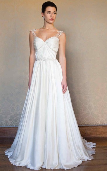 A-Line Sleeveless V-Neck Appliqued Long Stretched Satin Wedding Dress With Pleats