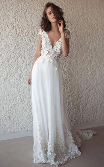 Cap V-neck Casual Applique Tulle Wedding Dress with Low-v Back
