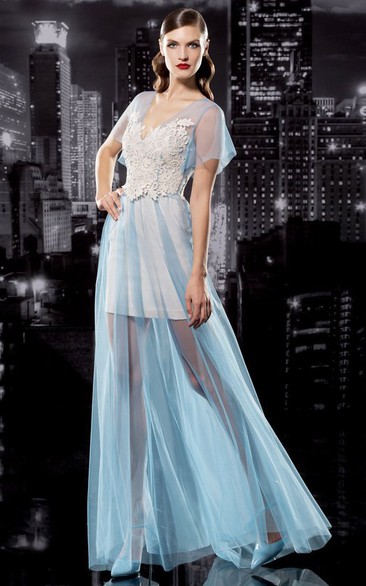 A-Line V-Neck Short Sleeve Chiffon Low-V Back Dress With Appliques And Pleats