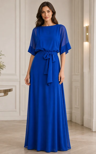 Bateau Bell Half Sleeve A-line Pleated Chiffon Long Dress With Sash