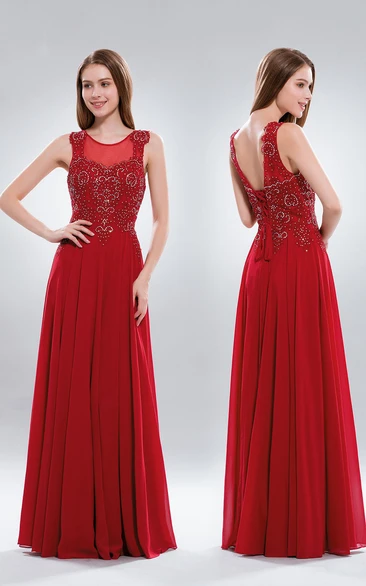 A-Line Maxi Scoop-Neck Sleeveless Chiffon Corset Back Dress With Beading And Pleats