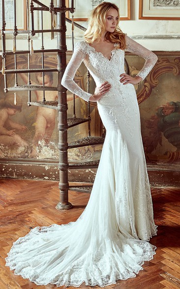 Long-Sleeve Lace Wedding Dress With Low-V Neck and Illusive Back