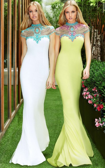 Mermaid Cap Sleeve High Neck Beaded Jersey Prom Dress With Keyhole