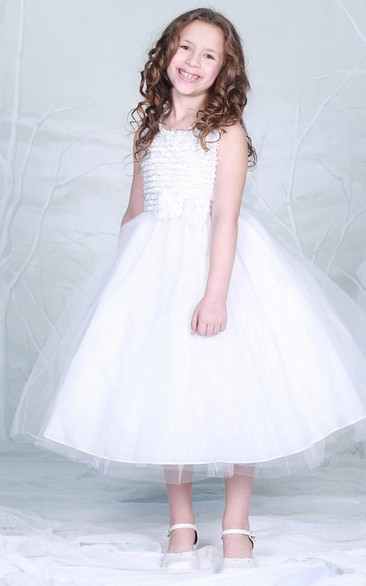 Tea-Length Bowed Tiered Tulle Flower Girl Dress