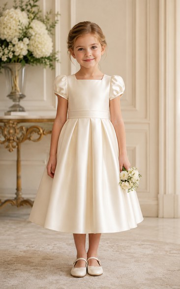A-line Tea-length Cap Sleeve Satin Flower Girl Dress with Clean ivory satin with cap sleeves and back bow