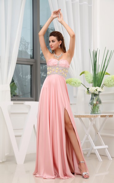 Strapless Ruched Long Dress With Front Slit and Beading