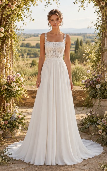 Square Neck Chiffon A-Line Country Wedding Dress with Lace Bodice and Court Train