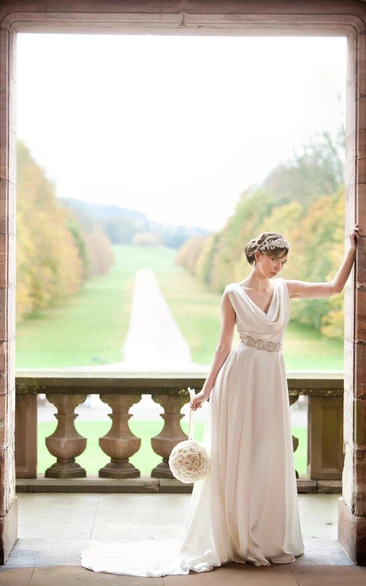 Satin Sleeveless A-Line Dress With Cowl Neck and Beaded Waistbelt