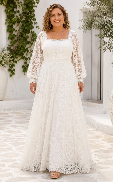 Plus Size Hochzeitskleid mit eckigem Ausschnitt, langen Ärmeln und Spitze in A-Linie