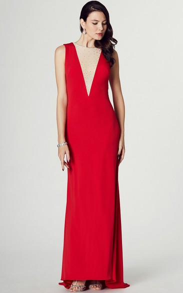 Sleeveless Beaded Jewel Neck Jersey Prom Dress With Brush Train