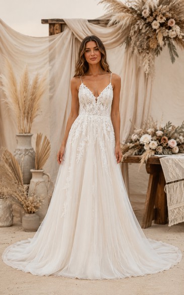 Boho A-Line Wedding Dress Sleeveless V-Neck Tulle Lace Applique Floor Length Chapel Train Ivory