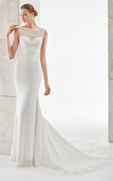 Jewel-Neck Brush-Train Sheath Satin Wedding Dress With Illusive Neckline And Back