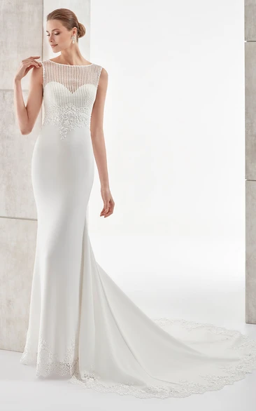 Jewel-Neck Brush-Train Sheath Satin Wedding Dress With Illusive Neckline And Back